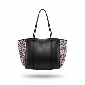 Large Neoprene Leopard Print Black and Gray Tote Bag w/Zipper Wristlet